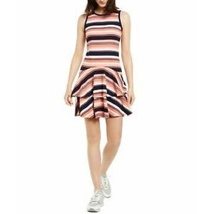 Michael kors stripped flounce sleeveless dress coral navy white XS